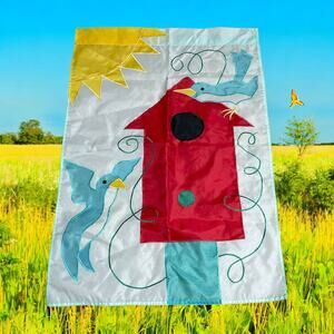 Vintage Birdhouse Bluebirds Garden Flag Sun Bird Double Side 27" x 39" Blue Red